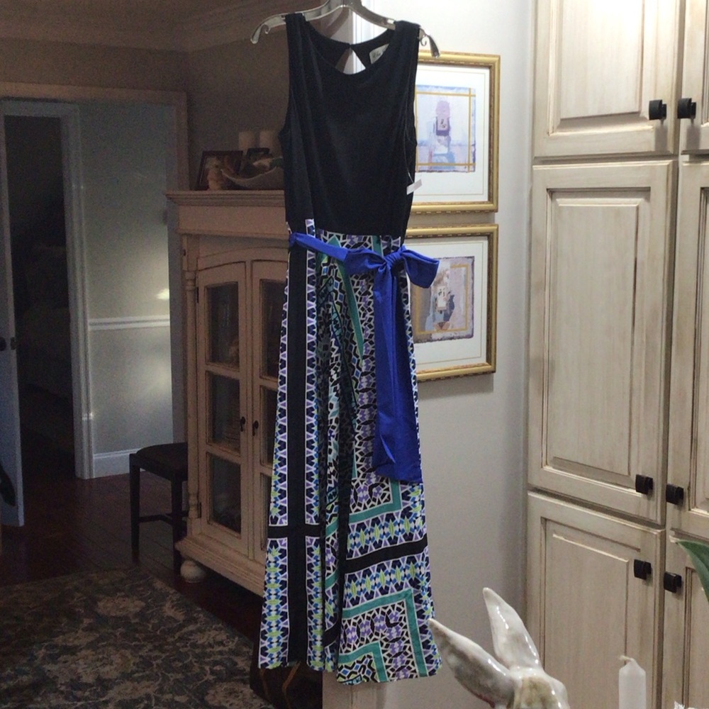 Black Tank Top Maxi Dress with Blue Sash and Geometric Skirt